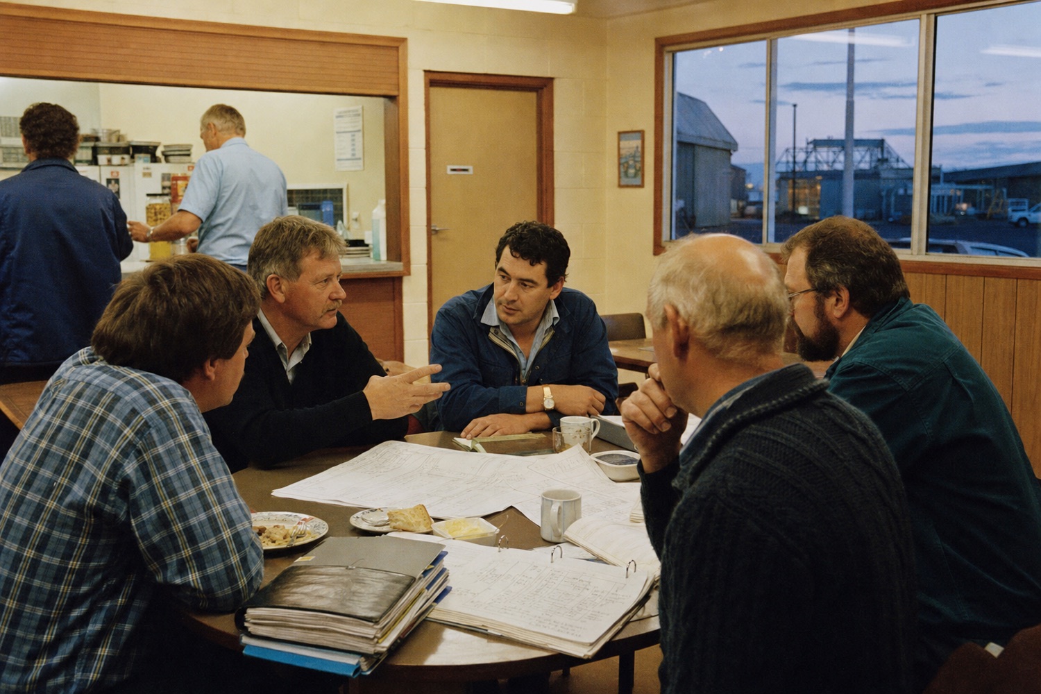 Illustrative recreation of electrical inspectors meeting at a regional power authority depot in 1992
