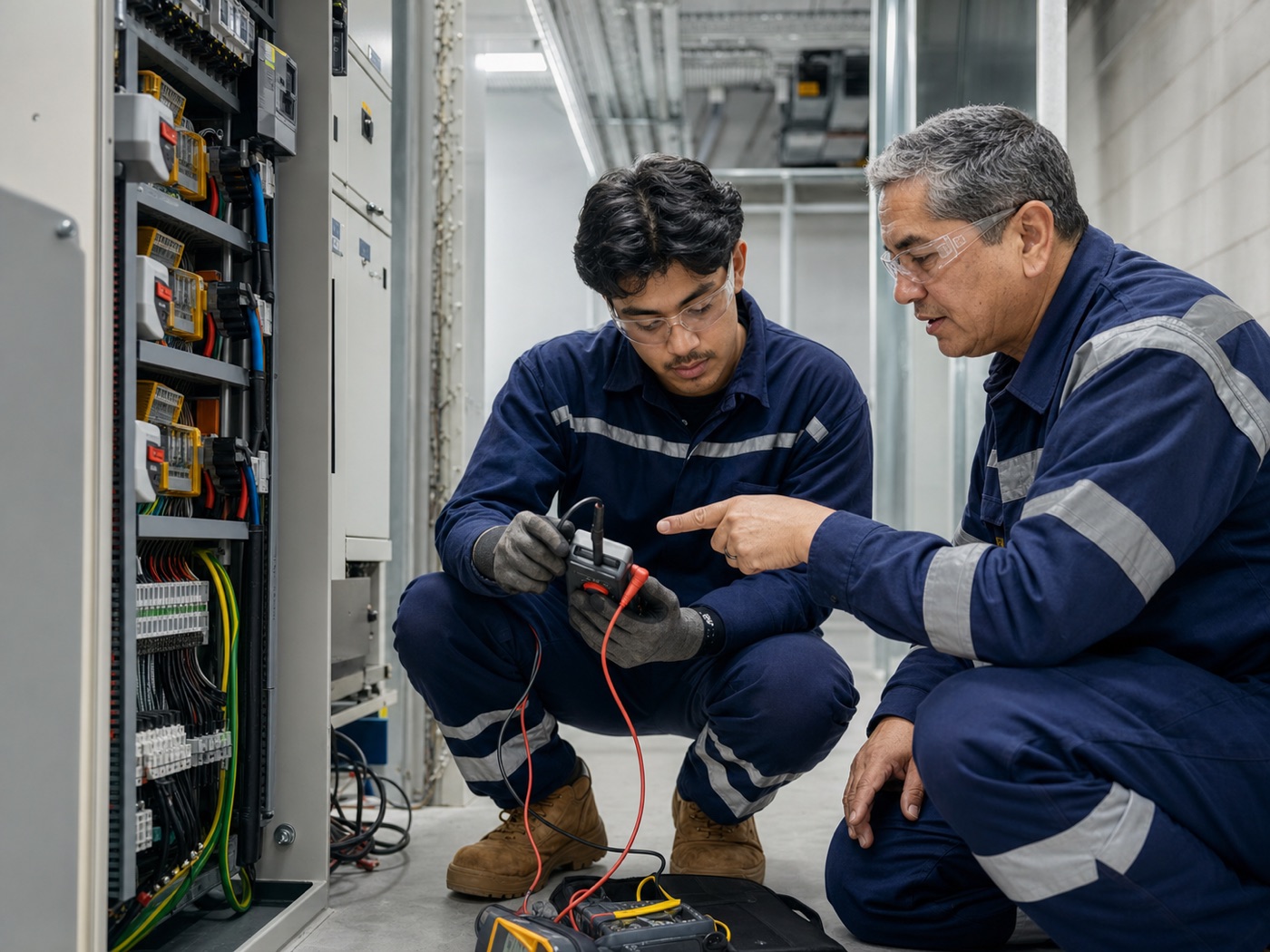 An experienced electrical inspector mentoring a developing electrical professional